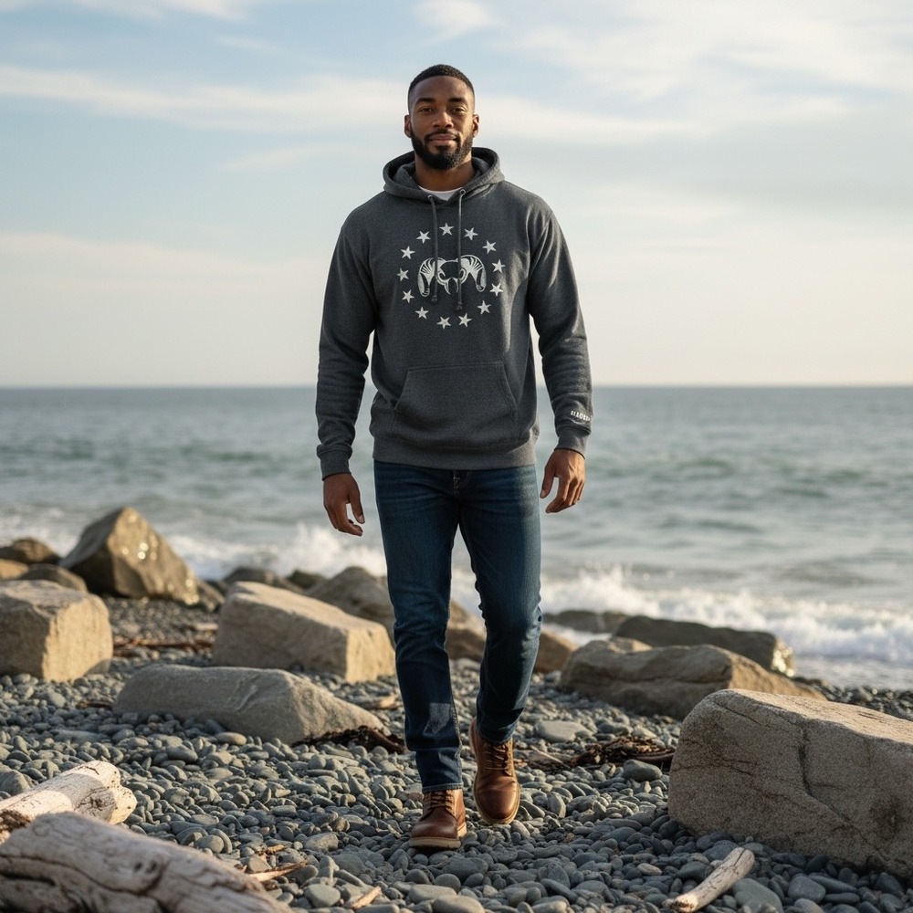 Kuiu Mens XL Charcoal Heather Ram Skull Stars Graphic Pullover Hoodie Sweatshirt